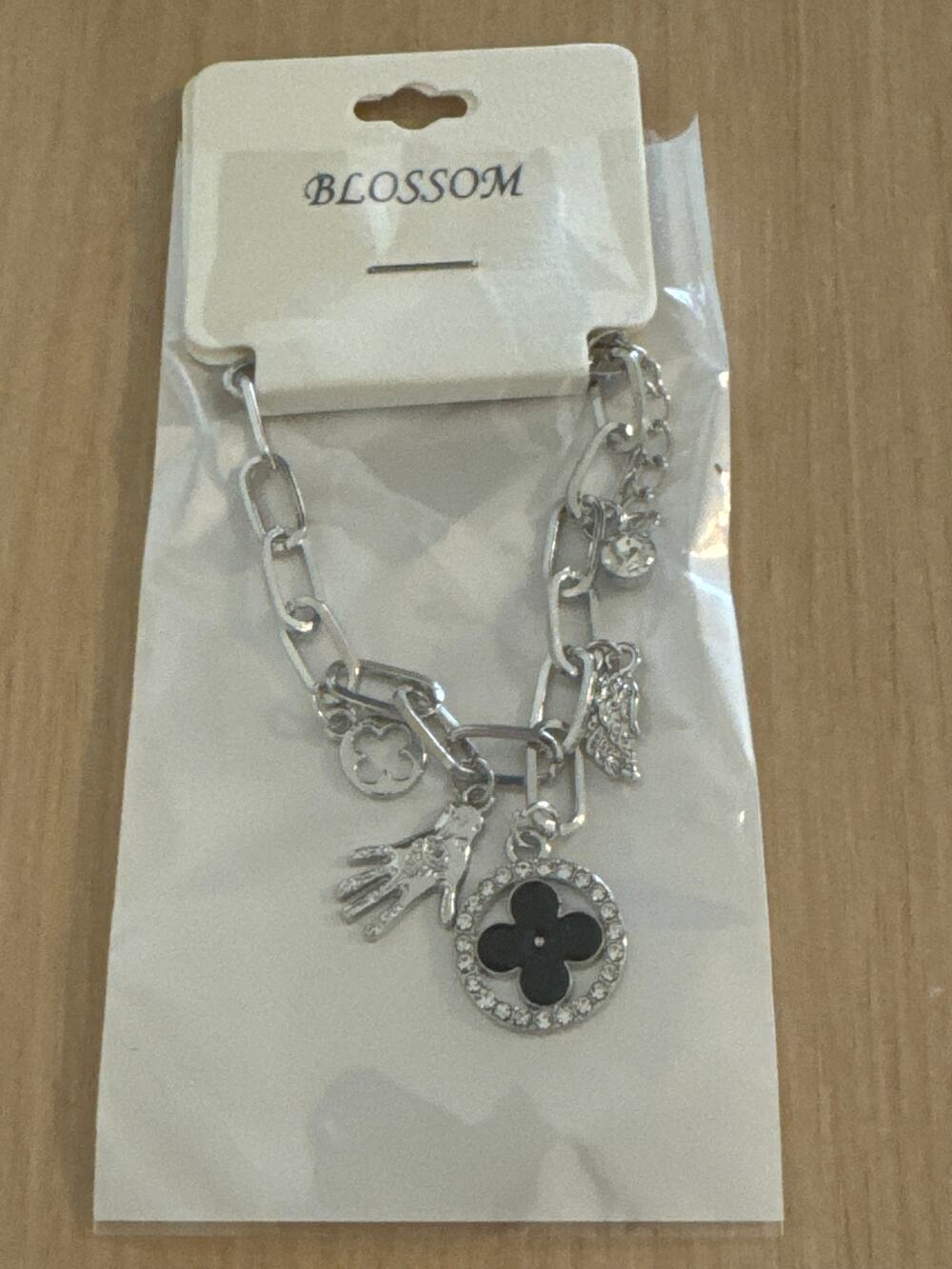 NWT Silver Tone Blossom Link Charm Bracelet, Black Clover, Angel Wing Seeing Eye
